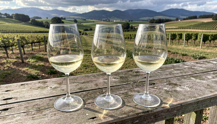 Three glasses of aromatic white wine side by side on a worn tasting bench