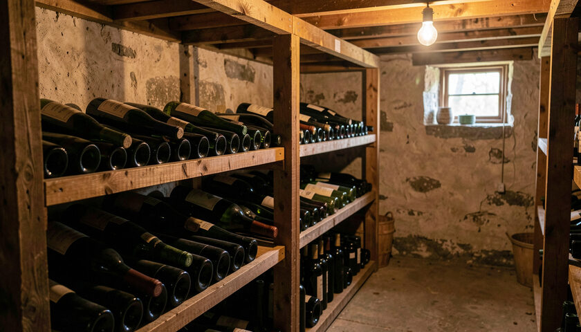 Bottles lying in wooden racks in a dim home cellar lit by one warm bulb