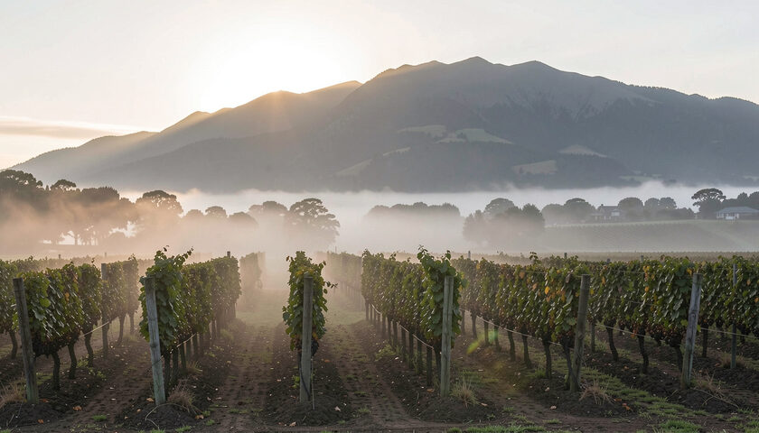 Morning mist lying over vine rows below a range catching the first sun