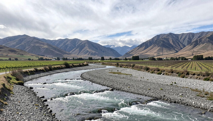 The braided Wairau River winding through a wide stony valley toward grey mountains