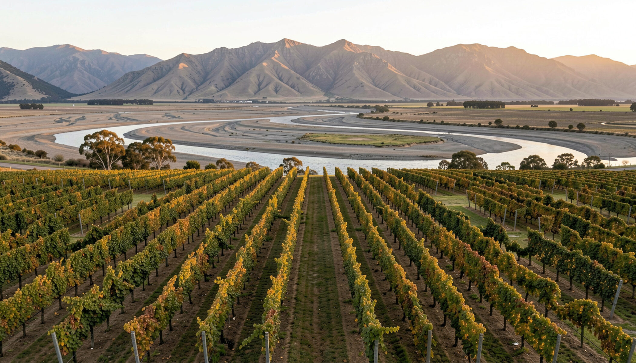 Vineyard rows above the braided river plain of the Wairau Valley under evening light