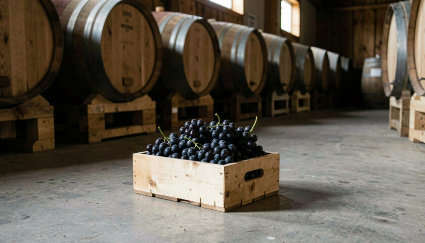 Harvest stained hands holding a small crate of dark pinot noir grapes