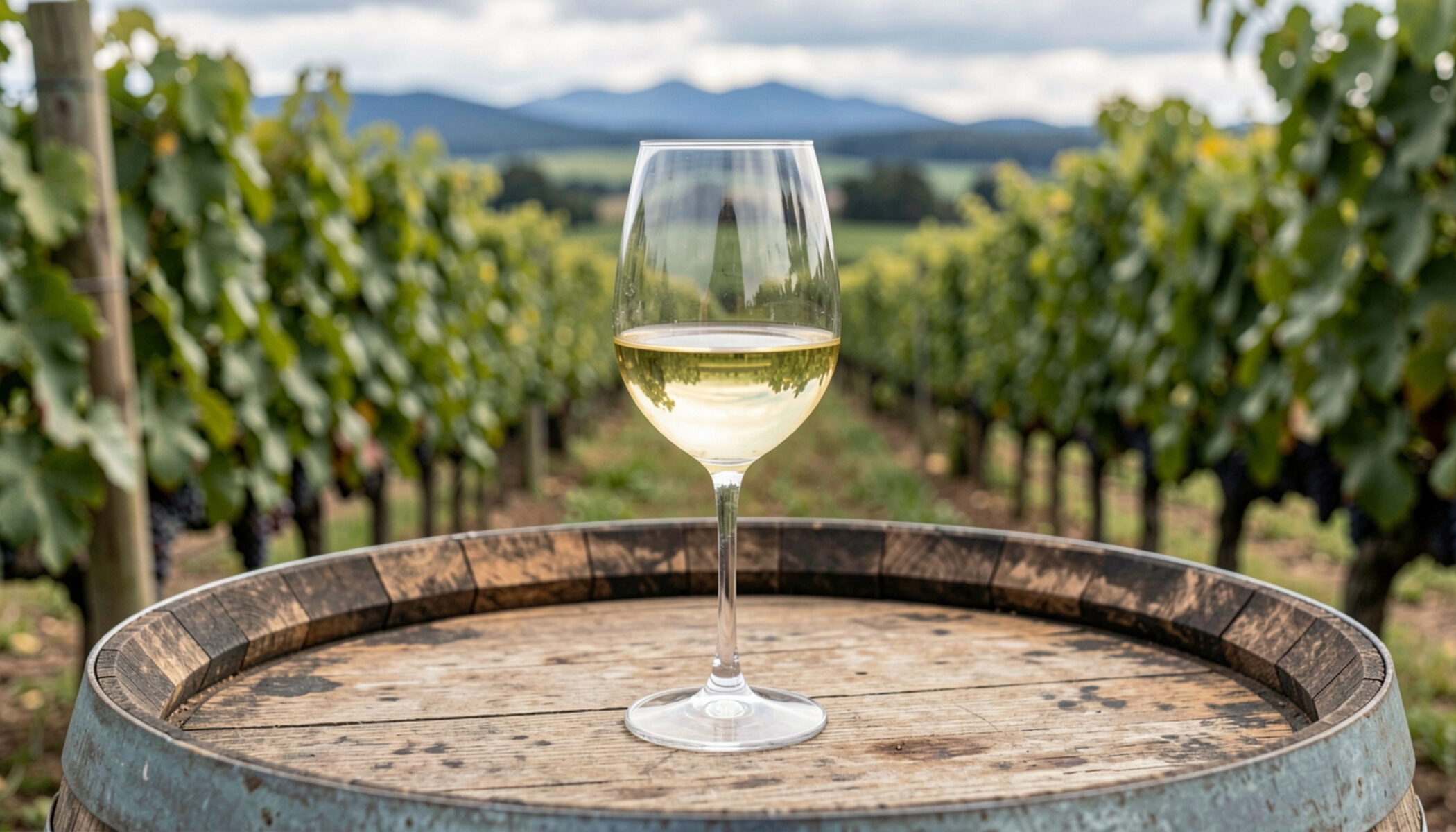 A glass of pale sauvignon blanc standing on an oak barrel top