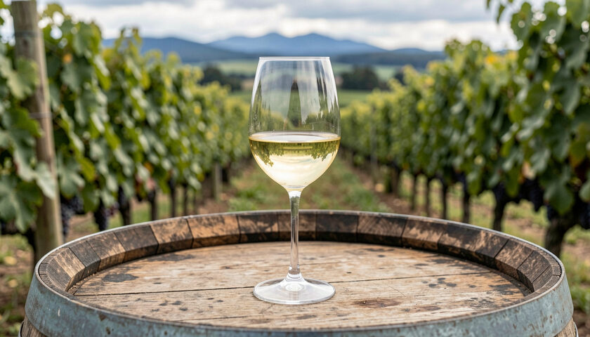 A glass of pale sauvignon blanc standing on an oak barrel top