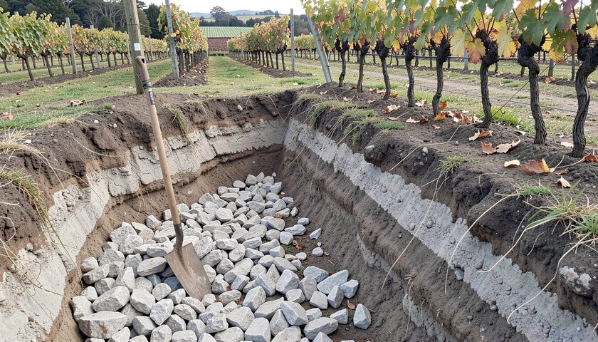 A soil pit showing pale grey stones and silt layers beside vine rows