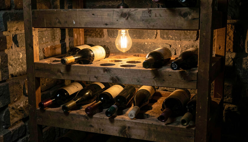 A winemaker turning a bottle on a riddling rack in a dark cellar