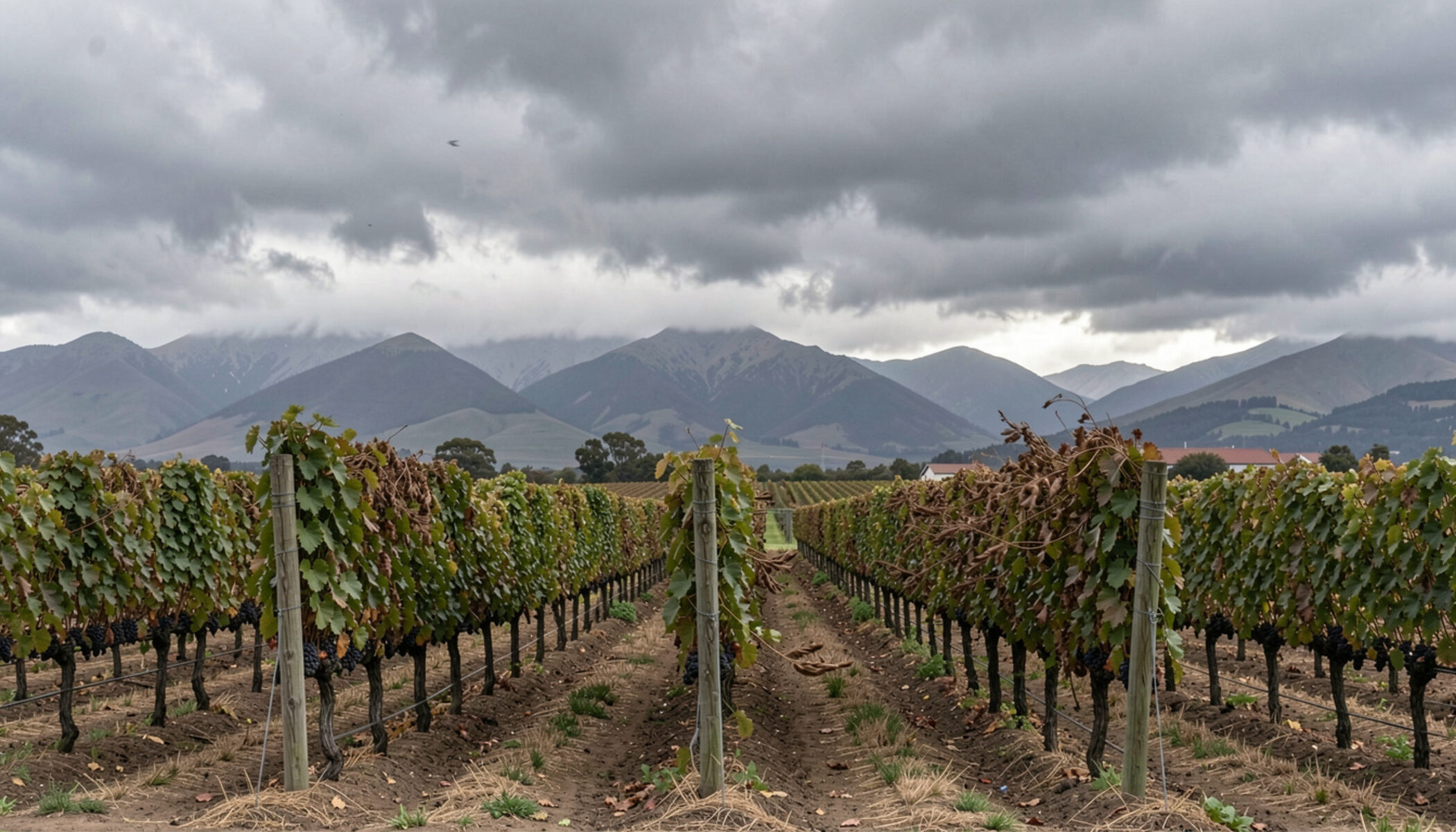 Vine rows bending under wind beneath a heavy grey sky