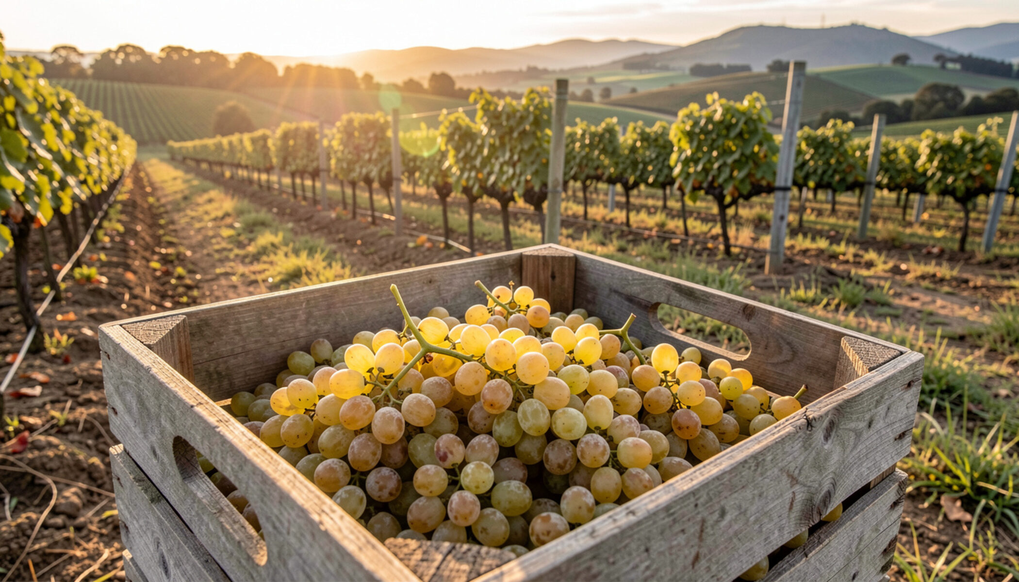 A wooden crate of freshly picked golden sauvignon blanc grapes at the edge of vine rows at dawn